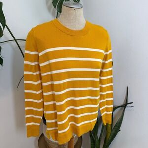Gap 100% Cotton Striped Crewneck Pullover Sweater Mustard Yellow White Women's M